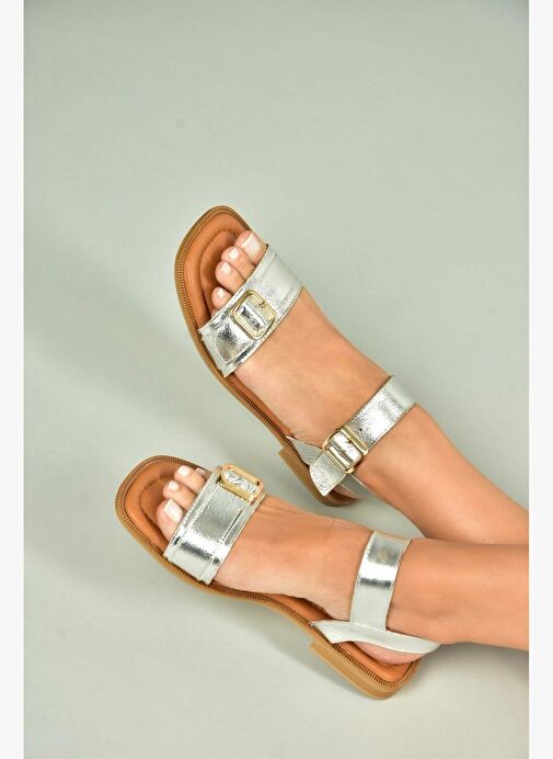 U944834003 Gümüş Hakiki Deri Kadın Sandalet - Görsel 3