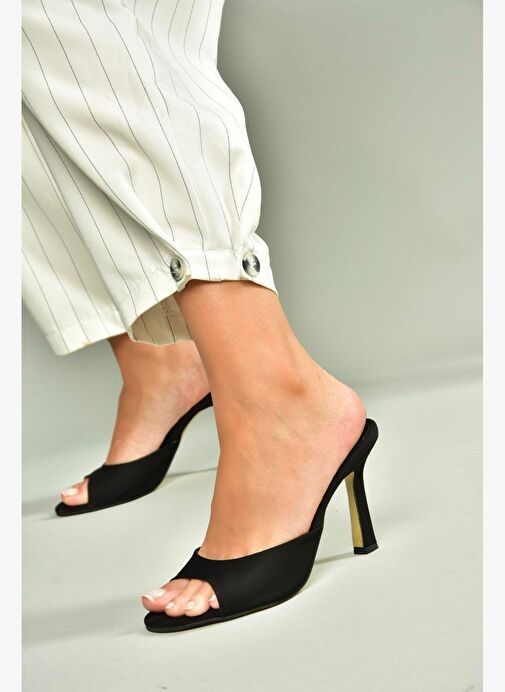 U997062804 Siyah Kumaş İnce Topuklu Kadın Terlik - Görsel 3