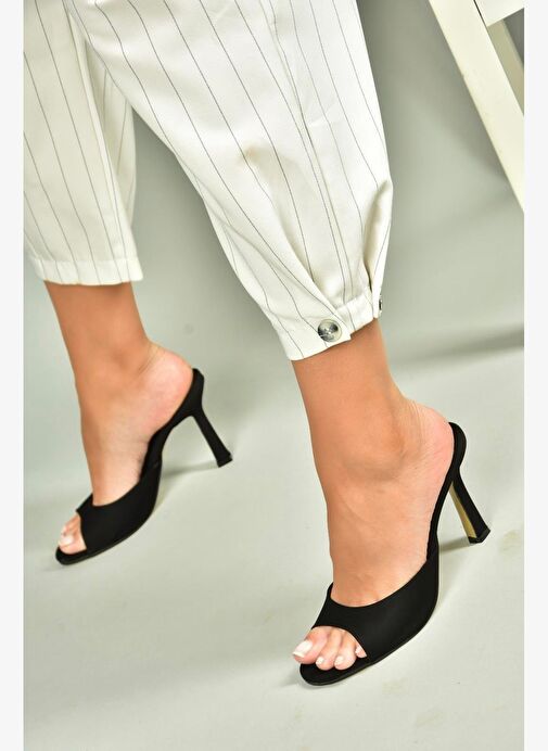 U997062804 Siyah Kumaş İnce Topuklu Kadın Terlik - Görsel 5