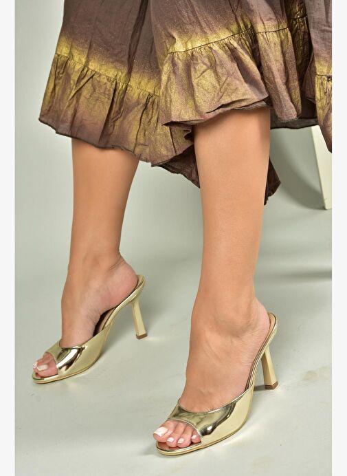 U997062834 Altın Ayna İnce Topuklu Kadın Terlik - Görsel 3