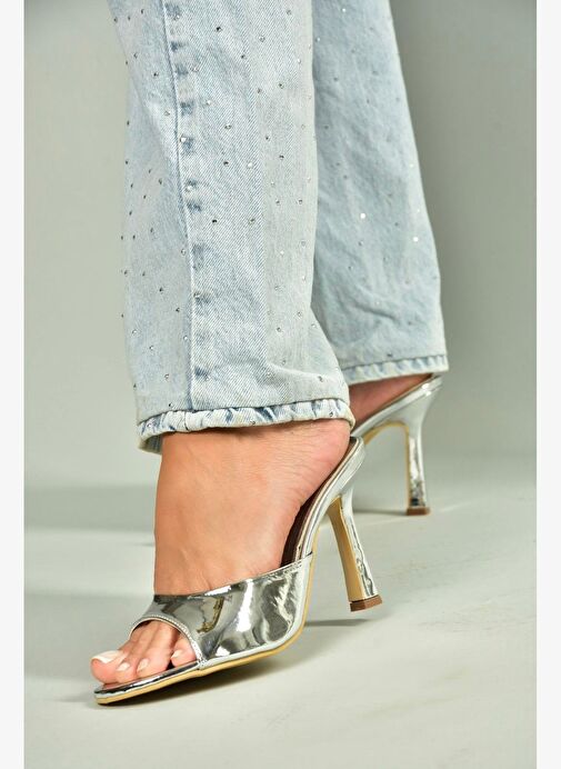 U997062834 Gümüş Ayna İnce Topuklu Kadın Terlik - Görsel 5