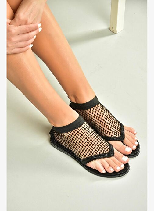 U713261215 Siyah File Parmak Arası Kadın Sandalet - Görsel 2