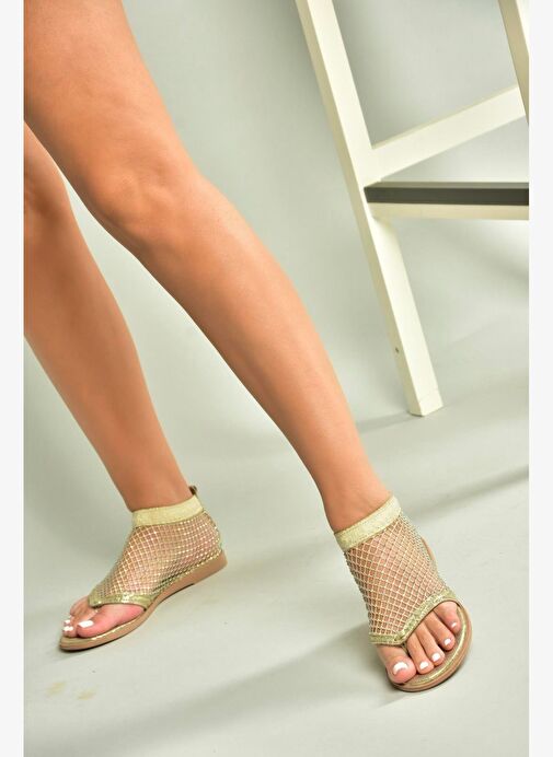 U713261215 Altın File Parmak Arası Kadın Sandalet - Görsel 2
