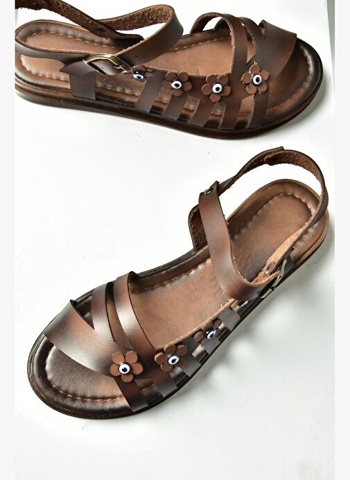 U390903103 Kahverengi Hakiki Deri Kadın Sandalet - Görsel 3