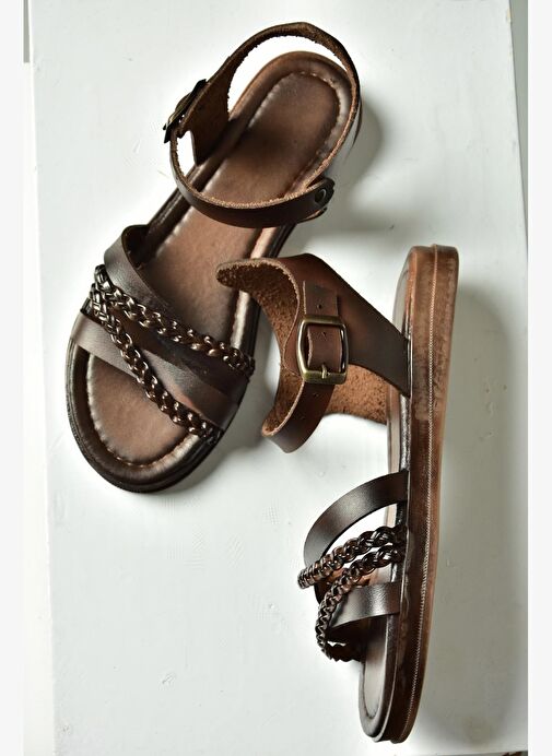 U390906403 Kahverengi Hakiki Deri Kadın Sandalet - Görsel 2