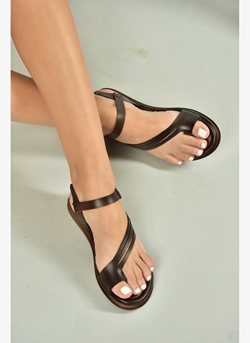 U390903603 Kahverengi Hakiki Deri Kadın Sandalet - Görsel 5