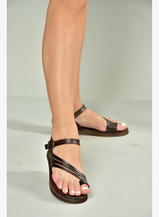 U390903603 Kahverengi Hakiki Deri Kadın Sandalet - Görsel 4