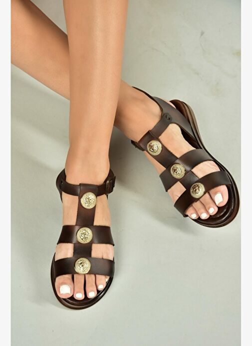 U390971303 Kahverengi Hakiki Deri Kadın Sandalet - Görsel 2