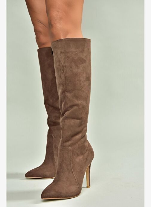 N372530102 Kahverengi Süet İnce Topuklu Kadın Çizme - Görsel 3