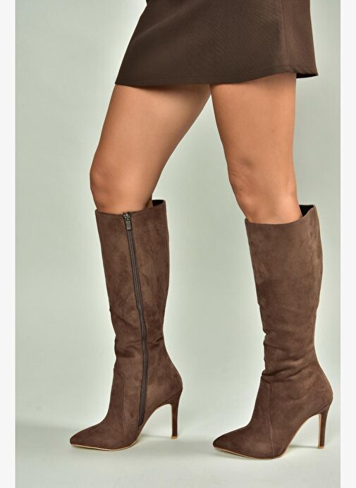 N372530102 Kahverengi Süet İnce Topuklu Kadın Çizme - Görsel 5