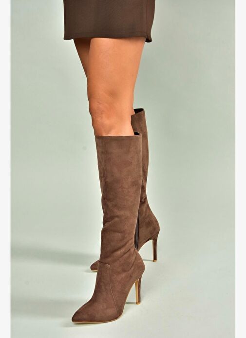N372530102 Kahverengi Süet İnce Topuklu Kadın Çizme - Görsel 2
