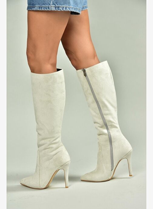 N372530102 Gri Süet İnce Topuklu Kadın Çizme - Görsel 2