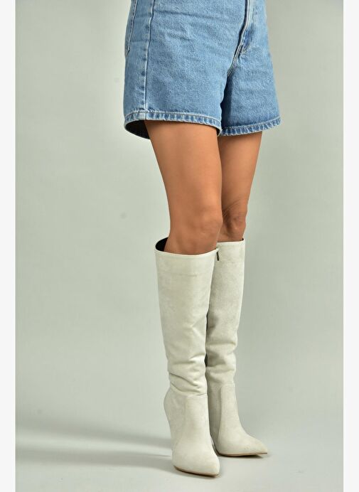 N372530102 Gri Süet İnce Topuklu Kadın Çizme - Görsel 3