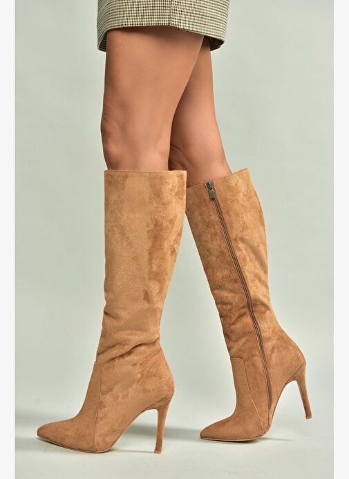 N372530102 Taba Süet İnce Topuklu Kadın Çizme - Görsel 2