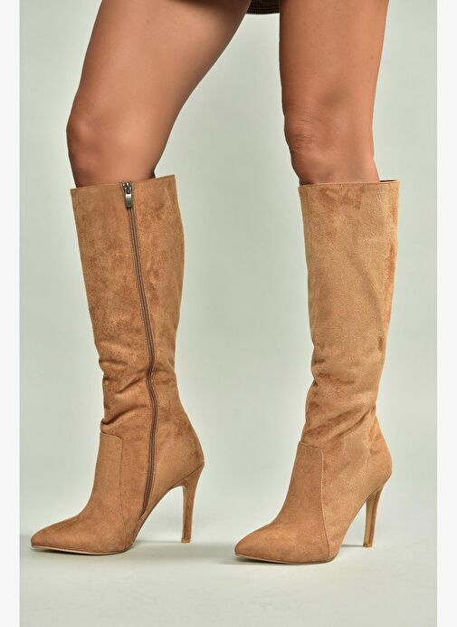 N372530102 Taba Süet İnce Topuklu Kadın Çizme - Görsel 5