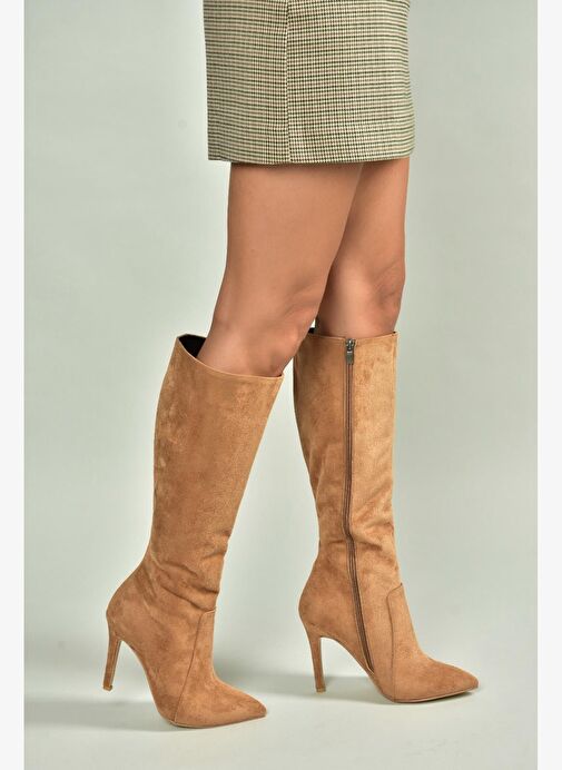 N372530102 Taba Süet İnce Topuklu Kadın Çizme - Görsel 4