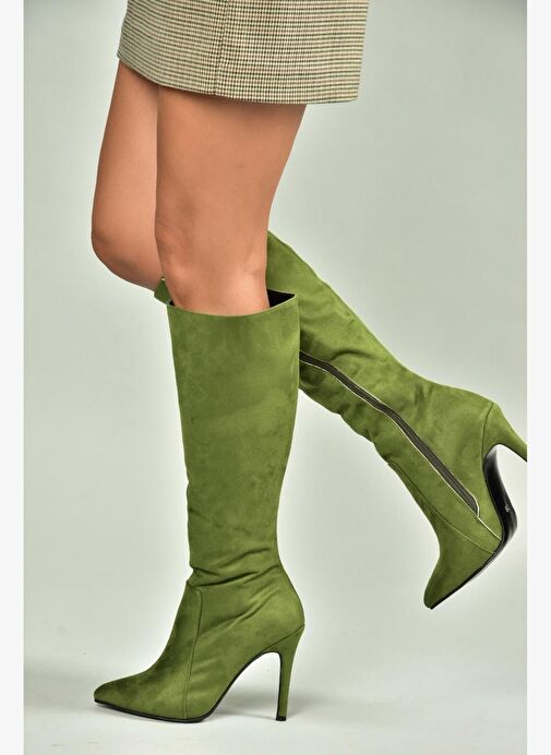 N372530102 Yeşil Süet İnce Topuklu Kadın Çizme - Görsel 4