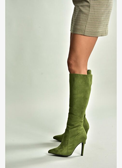 N372530102 Yeşil Süet İnce Topuklu Kadın Çizme - Görsel 3