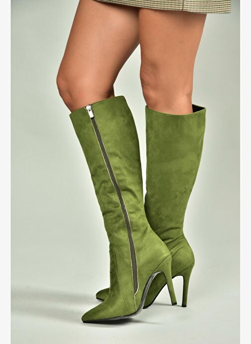 N372530102 Yeşil Süet İnce Topuklu Kadın Çizme - Görsel 2