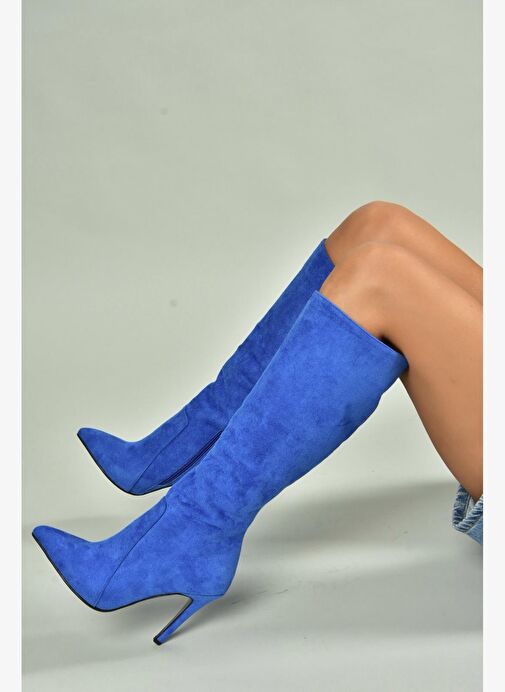 N372530102 Saks Mavi Süet İnce Topuklu Kadın Çizme - Görsel 3