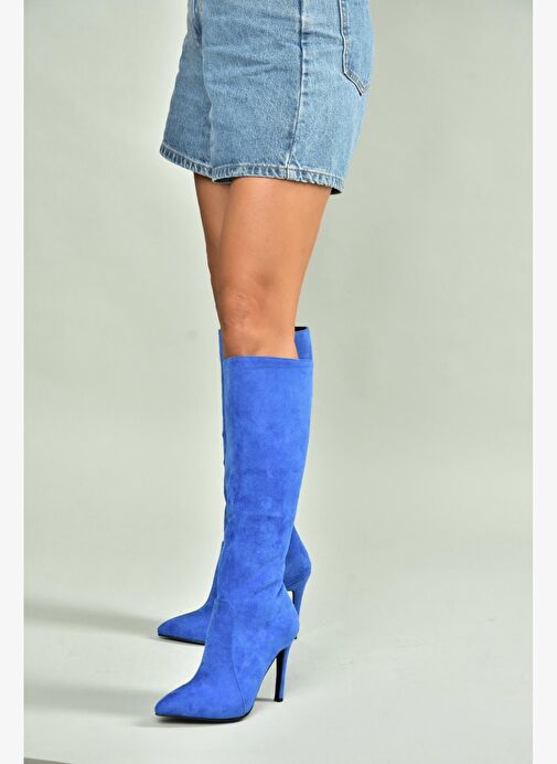 N372530102 Saks Mavi Süet İnce Topuklu Kadın Çizme - Görsel 4