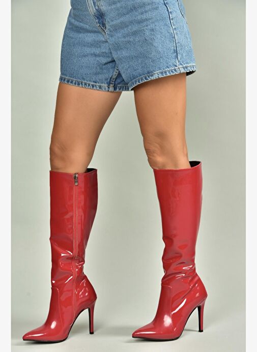 N372530108 Kırmızı Rugan İnce Topuklu Kadın Çizme - Görsel 5