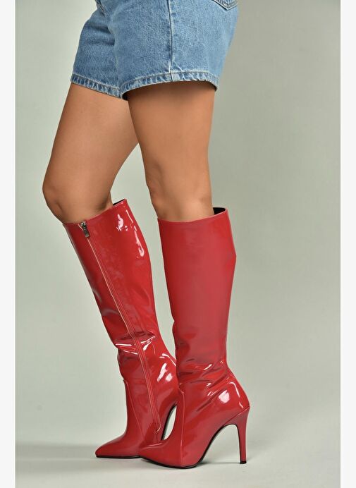 N372530108 Kırmızı Rugan İnce Topuklu Kadın Çizme - Görsel 4