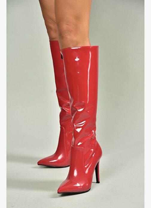 N372530108 Kırmızı Rugan İnce Topuklu Kadın Çizme - Görsel 3