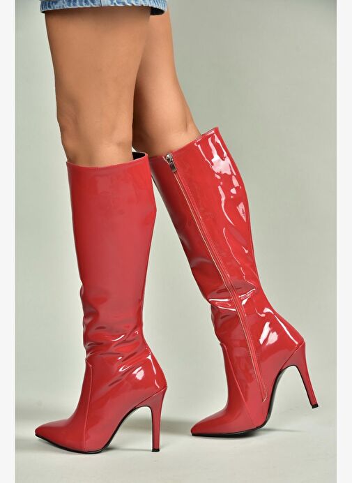 N372530108 Kırmızı Rugan İnce Topuklu Kadın Çizme - Görsel 2