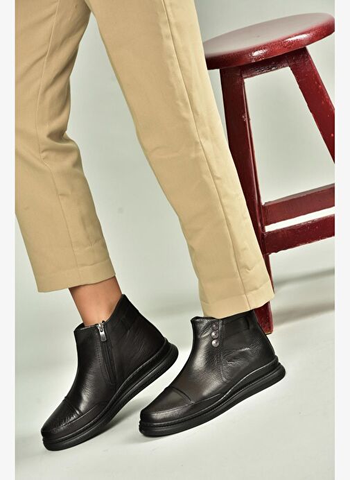 V555070403 Siyah Hakiki Deri Kadın Bot - Görsel 3