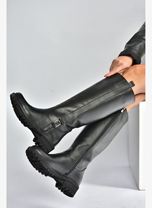 V654070503 Siyah Hakiki Deri Kadın Çizme - Görsel 6