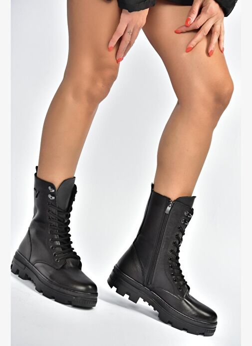 V999049103 Siyah Hakiki Deri Kadın Postal Bot - Görsel 4