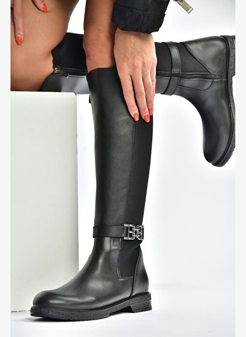 V965010109 Siyah Arkası Dalgıç Kumaş Streç Kadın Çizme - Görsel 2