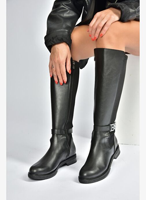 V965010109 Siyah Arkası Dalgıç Kumaş Streç Kadın Çizme - Görsel 5