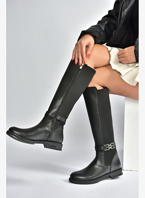 V965010109 Siyah Arkası Dalgıç Kumaş Streç Kadın Çizme - Görsel 4