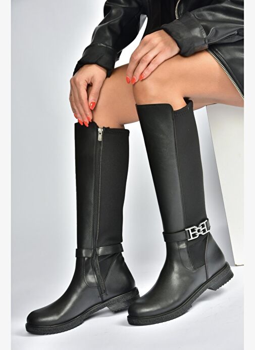 V965010109 Siyah Arkası Dalgıç Kumaş Streç Kadın Çizme - Görsel 6