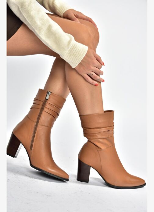 V398095103 Taba Hakiki Deri Kalın Topuklu Kadın Bot - Görsel 3