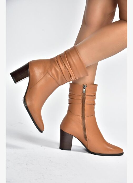 V398095103 Taba Hakiki Deri Kalın Topuklu Kadın Bot - Görsel 5