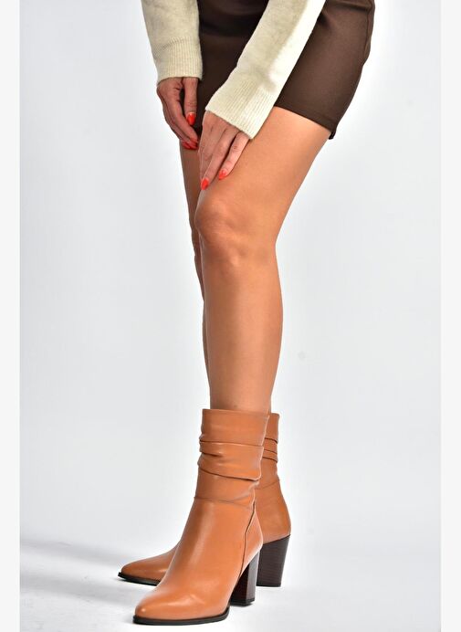 V398095103 Taba Hakiki Deri Kalın Topuklu Kadın Bot - Görsel 2