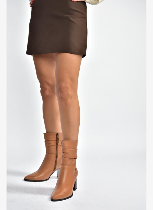 V398095103 Taba Hakiki Deri Kalın Topuklu Kadın Bot - Görsel 4