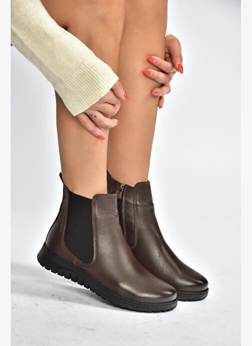 V324501103 Kahverengi Hakiki Deri Kadın Bot - Görsel 2