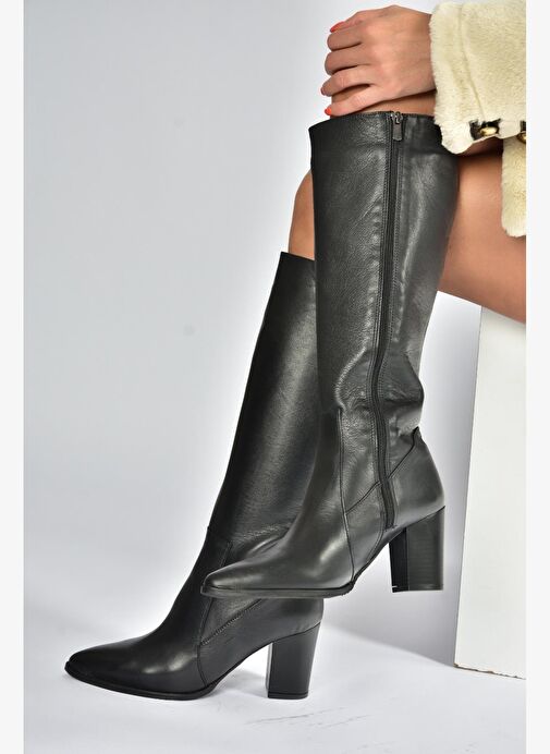V398589603 Siyah Hakiki Deri Kalın Topuklu Kadın Çizme - Görsel 4