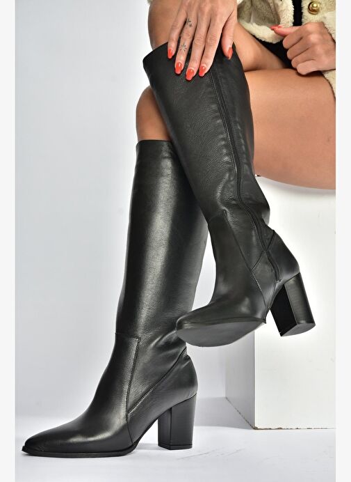V398589603 Siyah Hakiki Deri Kalın Topuklu Kadın Çizme - Görsel 5