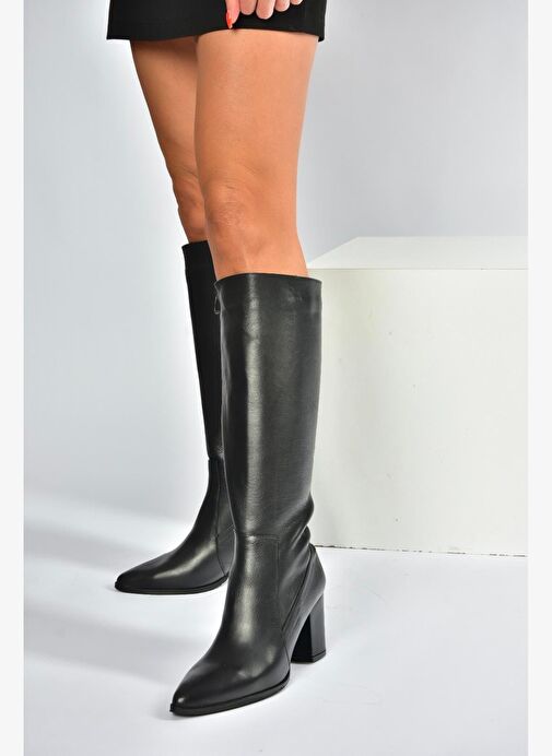 V398589603 Siyah Hakiki Deri Kalın Topuklu Kadın Çizme - Görsel 3