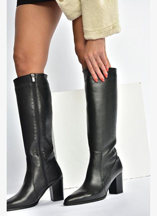 V398589603 Siyah Hakiki Deri Kalın Topuklu Kadın Çizme - Görsel 2