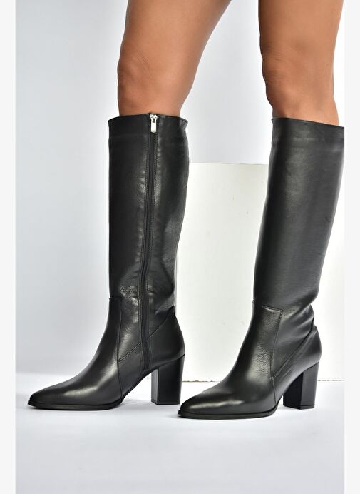 V398589603 Siyah Hakiki Deri Kalın Topuklu Kadın Çizme - Görsel 6