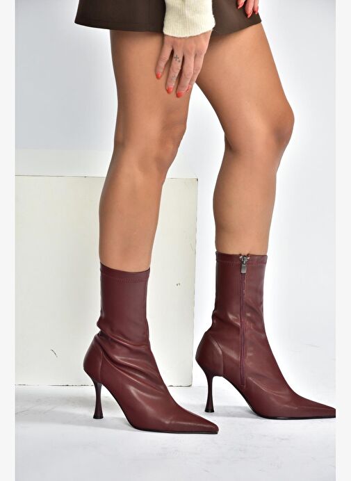 T752582409 Bordo Streç Deri İnce Topuklu Kadın Bot - Görsel 2
