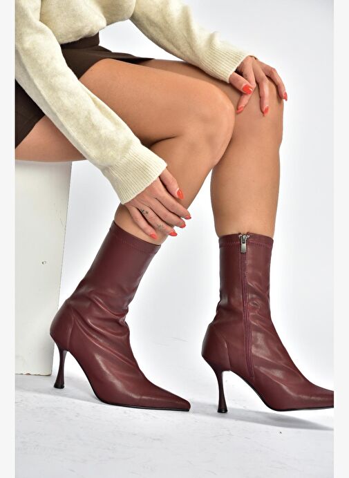 T752582409 Bordo Streç Deri İnce Topuklu Kadın Bot - Görsel 6