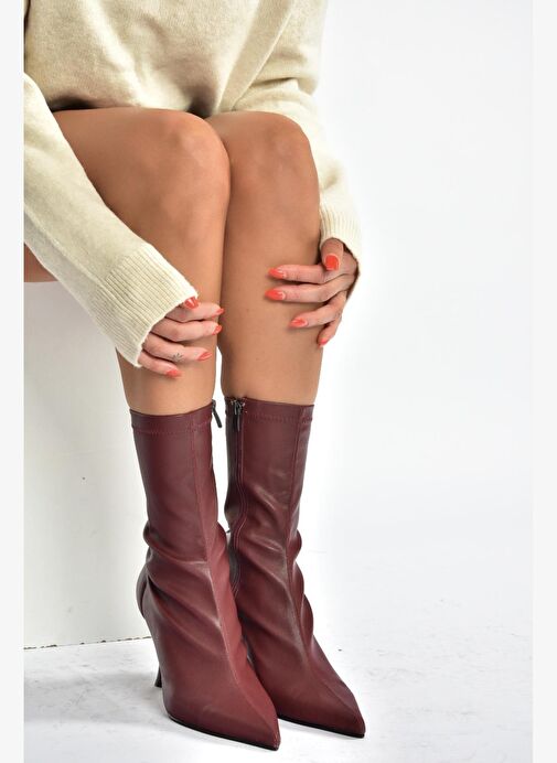 T752582409 Bordo Streç Deri İnce Topuklu Kadın Bot - Görsel 5