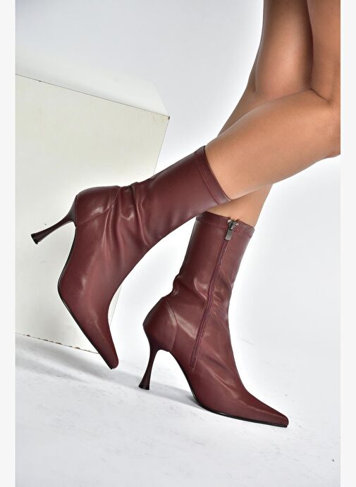 T752582409 Bordo Streç Deri İnce Topuklu Kadın Bot - Görsel 4